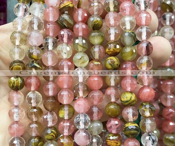 CCY694 15 inches 8mm faceted round volcano cherry quartz beads