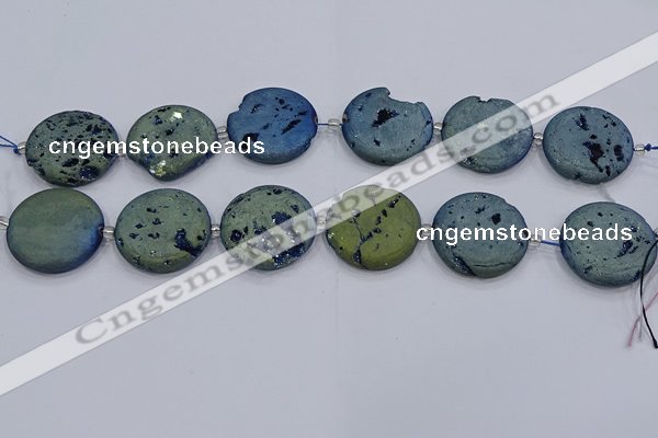 CDQ679 8 inches 30mm flat round druzy quartz beads wholesale