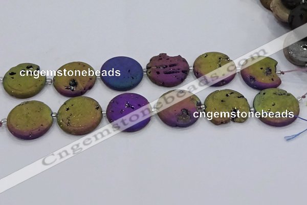 CDQ680 8 inches 30mm flat round druzy quartz beads wholesale