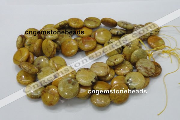 CFA44 15.5 inches 25mm flat round yellow chrysanthemum agate beads