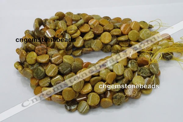 CFA55 15.5 inches 15mm twisted coin yellow chrysanthemum agate beads