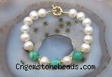 CFB1033 Hand-knotted 9mm - 10mm potato white freshwater pearl & peafowl agate bracelet