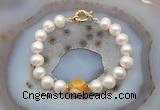 CFB1037 Hand-knotted 9mm - 10mm potato white freshwater pearl & yellow banded agate bracelet