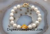 CFB1037 Hand-knotted 9mm - 10mm potato white freshwater pearl & yellow banded agate bracelet