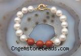 CFB1046 Hand-knotted 9mm - 10mm potato white freshwater pearl & red jasper bracelet