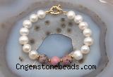 CFB1052 Hand-knotted 9mm - 10mm potato white freshwater pearl & rhodonite bracelet