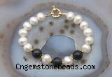 CFB1057 Hand-knotted 9mm - 10mm potato white freshwater pearl & black obsidian bracelet