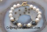 CFB1058 Hand-knotted 9mm - 10mm potato white freshwater pearl & snowflake obsidian bracelet