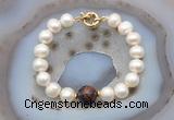 CFB1059 Hand-knotted 9mm - 10mm potato white freshwater pearl & mahogany obsidian bracelet