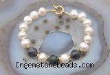 CFB1061 Hand-knotted 9mm - 10mm potato white freshwater pearl & black labradorite bracelet