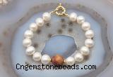 CFB1068 Hand-knotted 9mm - 10mm potato white freshwater pearl & picasso jasper bracelet