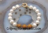 CFB1069 Hand-knotted 9mm - 10mm potato white freshwater pearl & wooden jasper bracelet