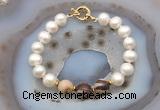 CFB1070 Hand-knotted 9mm - 10mm potato white freshwater pearl & brown zebra jasper bracelet