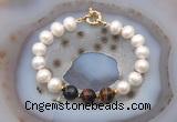 CFB1073 Hand-knotted 9mm - 10mm potato white freshwater pearl & mixed tiger eye bracelet
