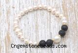 CFB617 6-7mm potato white freshwater pearl & black lava stretchy bracelet