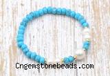 CFB705 faceted rondelle turquoise & potato white freshwater pearl stretchy bracelet