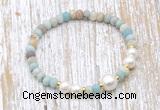 CFB708 faceted rondelle amazonite & potato white freshwater pearl stretchy bracelet