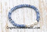 CFB719 faceted rondelle blue spot stone & potato white freshwater pearl stretchy bracelet