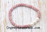 CFB728 faceted rondelle pink wooden jasper & potato white freshwater pearl stretchy bracelet