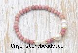 CFB729 faceted rondelle pink wooden jasper & potato white freshwater pearl stretchy bracelet