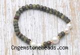 CFB744 faceted rondelle dragon blood jasper & potato white freshwater pearl stretchy bracelet