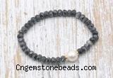 CFB751 faceted rondelle black labradorite & potato white freshwater pearl stretchy bracelet