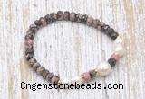 CFB765 faceted rondelle rhodonite & potato white freshwater pearl stretchy bracelet