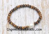 CFB766 faceted rondelle yellow tiger eye & potato white freshwater pearl stretchy bracelet