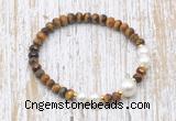 CFB768 faceted rondelle yellow tiger eye & potato white freshwater pearl stretchy bracelet