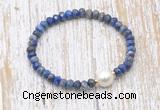 CFB772 faceted rondelle lapis lazuli & potato white freshwater pearl stretchy bracelet