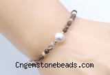 CFB839 4mm faceted round brown zebra jasper & potato white freshwater pearl bracelet