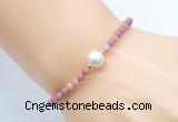 CFB841 4mm faceted round pink wooden jasper & potato white freshwater pearl bracelet