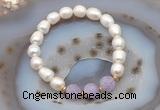 CFB902 9mm - 10mm rice white freshwater pearl & lavender amethyst stretchy bracelet