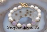 CFB906 Hand-knotted 9mm - 10mm rice white freshwater pearl & lavender amethyst bracelet