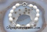 CFB908 Hand-knotted 9mm - 10mm rice white freshwater pearl & white crystal bracelet