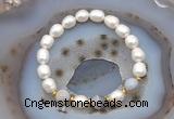 CFB918 9mm - 10mm rice white freshwater pearl & grey banded agate stretchy bracelet