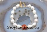 CFB921 Hand-knotted 9mm - 10mm rice white freshwater pearl & red banded agate bracelet