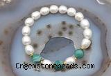 CFB922 9mm - 10mm rice white freshwater pearl & green banded agate stretchy bracelet