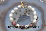 CFB929 Hand-knotted 9mm - 10mm rice white freshwater pearl & rhodonite bracelet