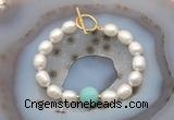 CFB939 Hand-knotted 9mm - 10mm rice white freshwater pearl & amazonite bracelet
