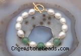 CFB944 Hand-knotted 9mm - 10mm rice white freshwater pearl & green aventurine bracelet