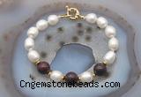 CFB948 Hand-knotted 9mm - 10mm rice white freshwater pearl & brecciated jasper bracelet