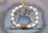 CFB951 Hand-knotted 9mm - 10mm rice white freshwater pearl & wooden jasper bracelet