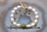 CFB954 Hand-knotted 9mm - 10mm rice white freshwater pearl & China jade bracelet