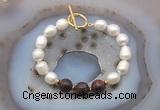 CFB957 Hand-knotted 9mm - 10mm rice white freshwater pearl & mahogany obsidian bracelet