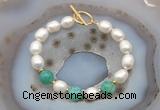 CFB962 Hand-knotted 9mm - 10mm rice white freshwater pearl & peafowl agate bracelet