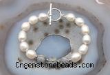 CFB969 Hand-knotted 9mm - 10mm rice white freshwater pearl & grey picture jasper bracelet