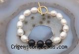 CFB976 Hand-knotted 9mm - 10mm rice white freshwater pearl & black obsidian bracelet