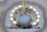 CFB977 Hand-knotted 9mm - 10mm rice white freshwater pearl & black labradorite bracelet