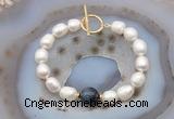 CFB979 Hand-knotted 9mm - 10mm rice white freshwater pearl & blue tiger eye bracelet